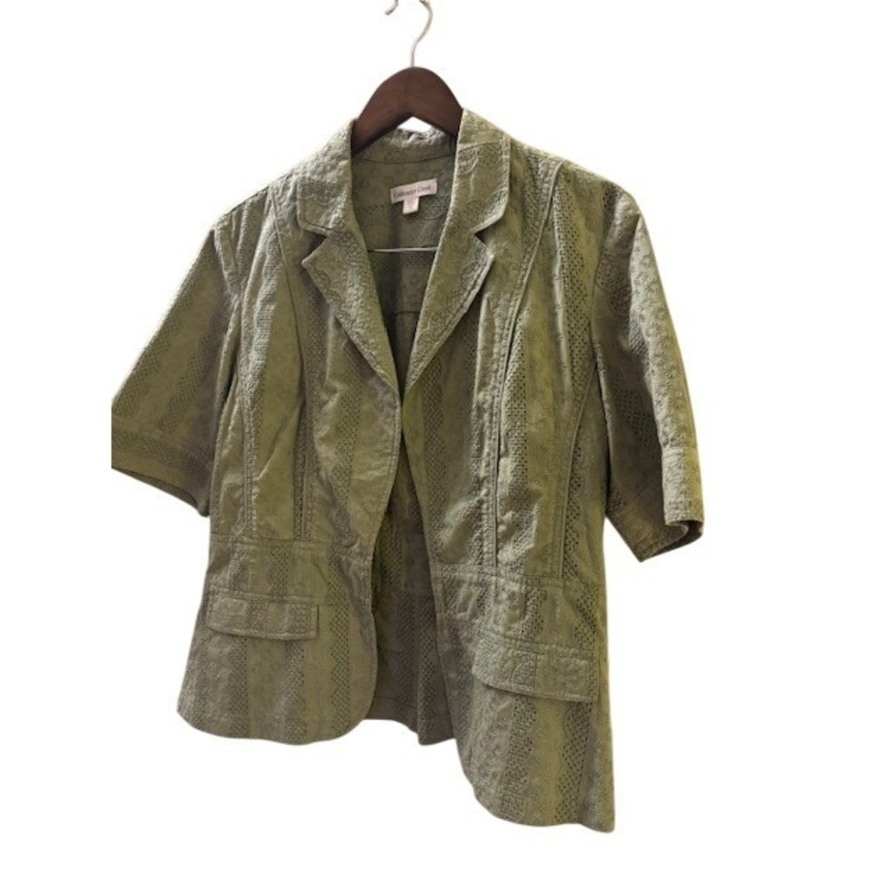 Coldwater Creek Women's Sage Eyelet Lace Short Sleeve Cotton Blazer Jacket 14